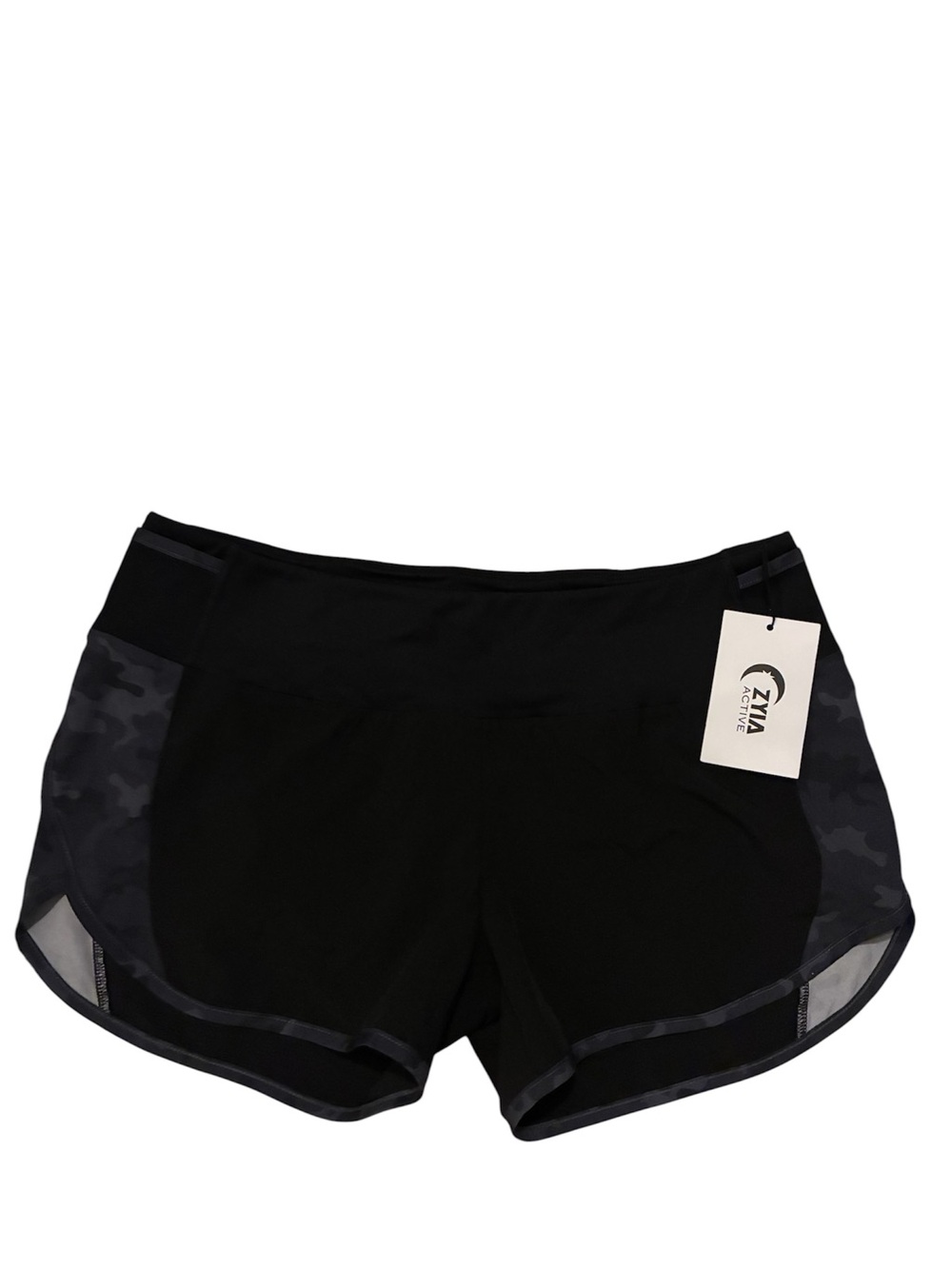 ZYIA Black Athletic Shorts with Dark Gray Camo Panels